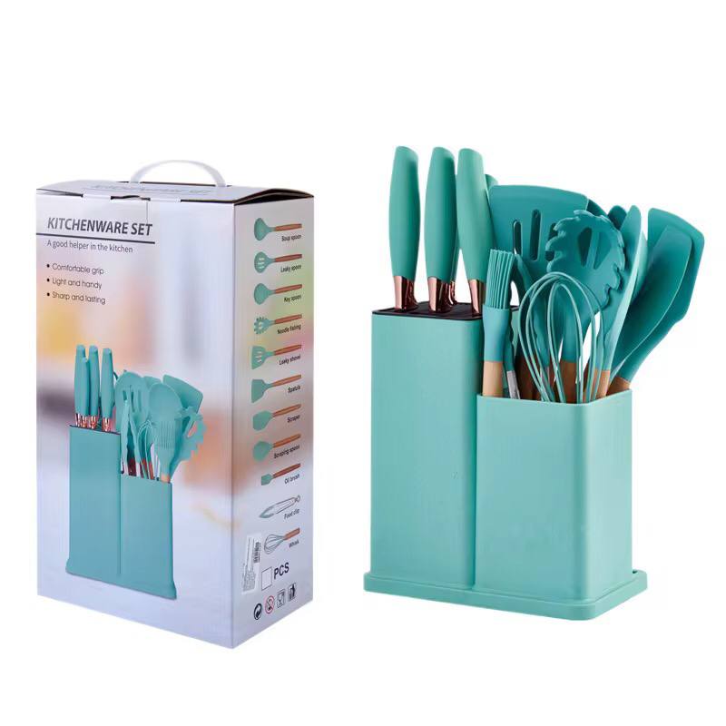 Quality 19pcs silicone cooking spoons, knifes, chopping board and holder