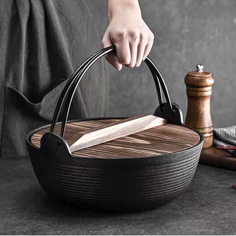 Pre-seasoned Pure Cast Iron Flat Bottom Wok with Wooden Lid