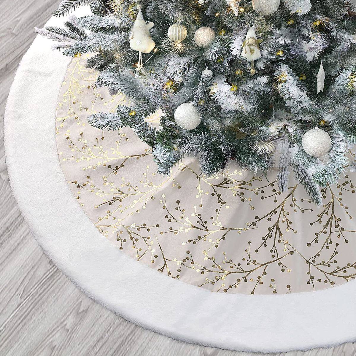 Christmas Tree Skirt White Plush Carpet Xmas Tree Mat gold/white