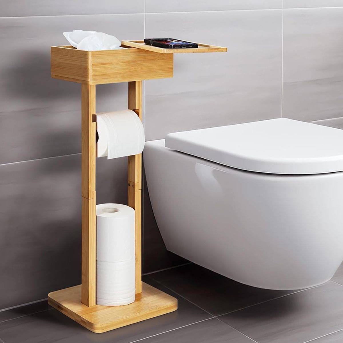 Eco-friendly bamboo toilet tissue holder with upper storage and phone placement/holder 