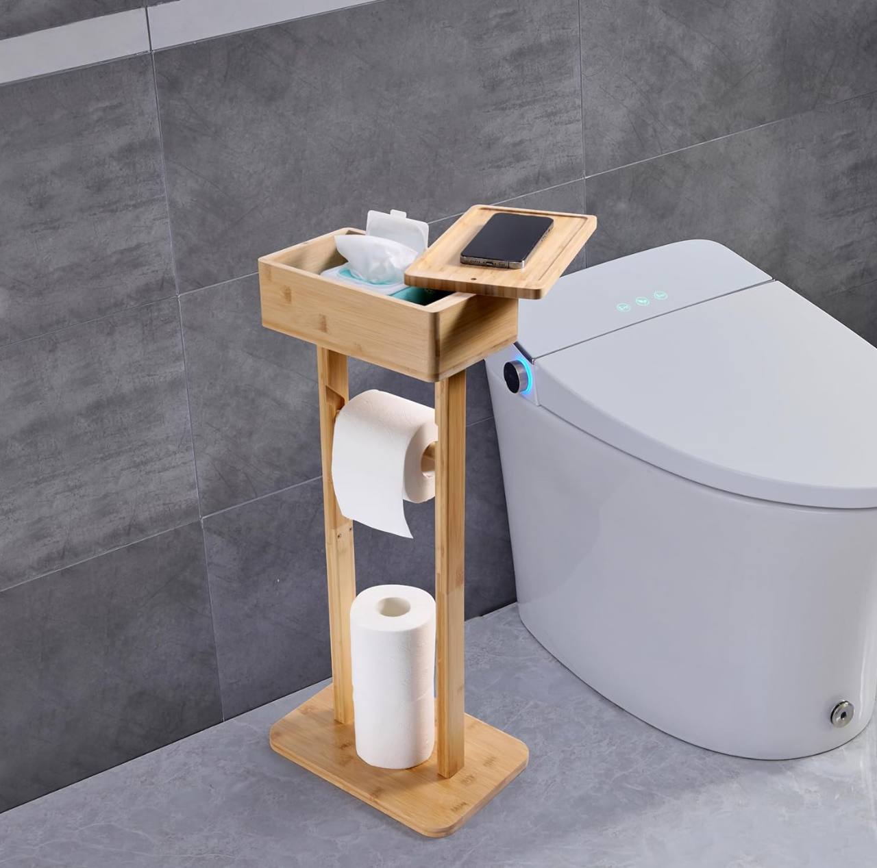 Eco-friendly bamboo toilet tissue holder with upper storage and phone placement/holder 
