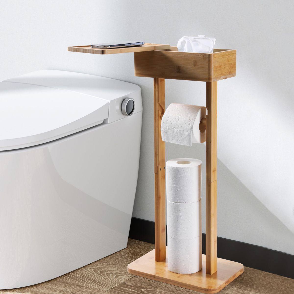 Eco-friendly bamboo toilet tissue holder with upper storage and phone placement/holder 