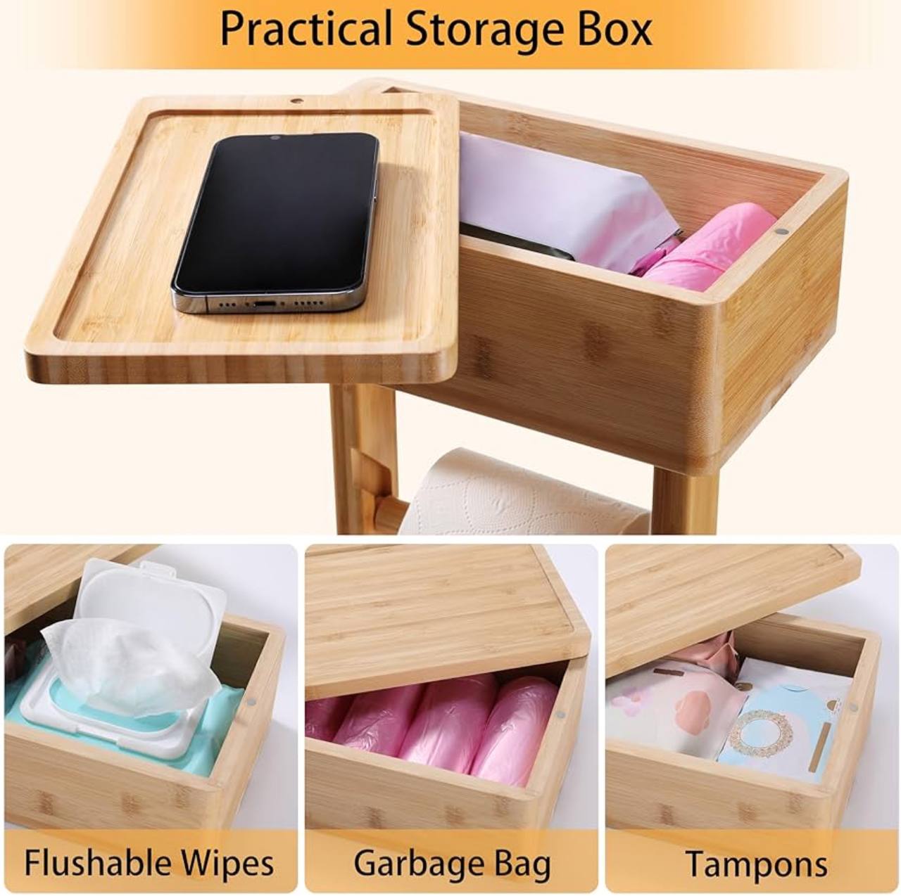 Eco-friendly bamboo toilet tissue holder with upper storage and phone placement/holder 