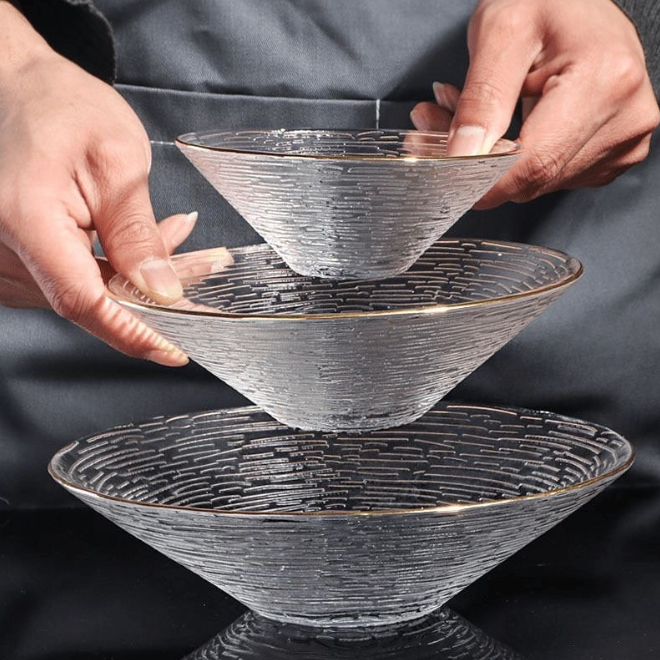 3pc set Transparent Glass Plate Golden Edge Fruit Salad Dessert Breakfast Bowl