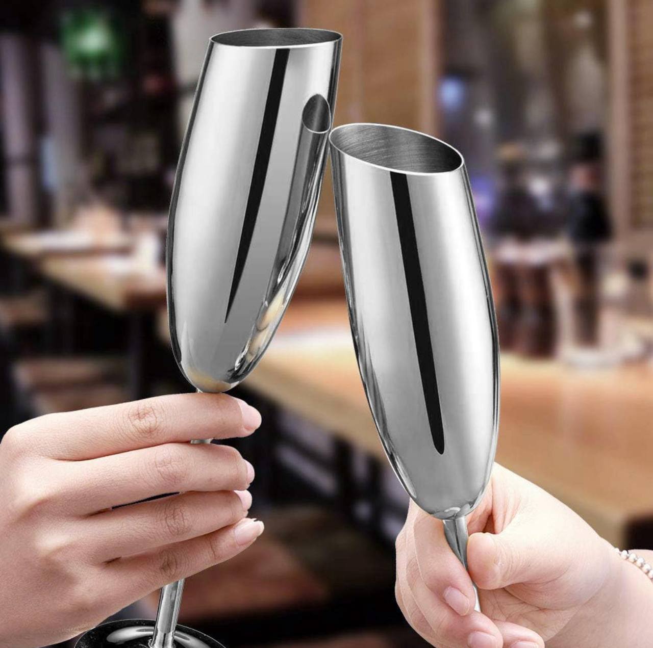 Silver Stainless Champagne Flutes with Flat Rim
Sophisticated vessel for any sparkling wine, Champagne,Prosecco, or Mimosa