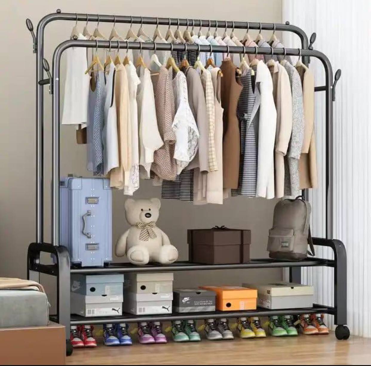 Double Layer Garment Rack Floor Standing Clothes Hanger