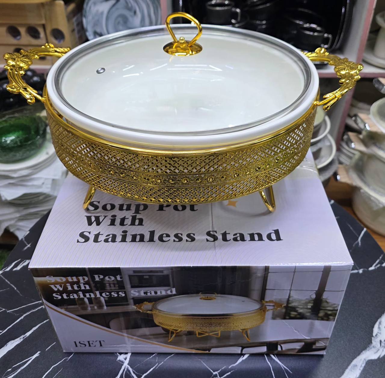 Luxury Ceramic Buffet Food warmers with High quality stainless steel stand.