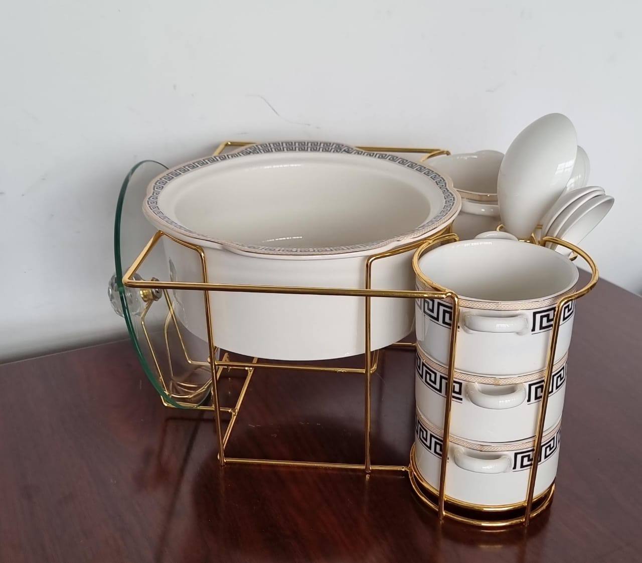 JCC8434-L1 16pc ceramic soup set on golden stand