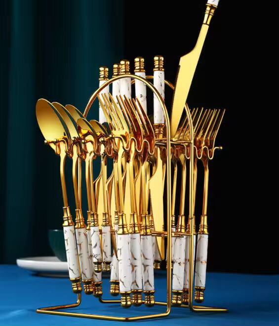 24pcs gold Marble Cutlery Set with stand