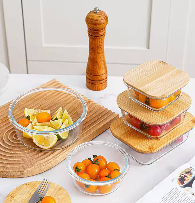 3pcs glass bowl storage containers with bamboo lid