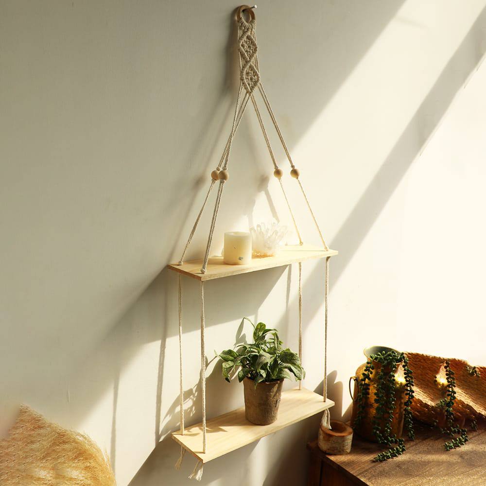 New Macrame Hanging floating Shelf Wall Decor -2 Tier