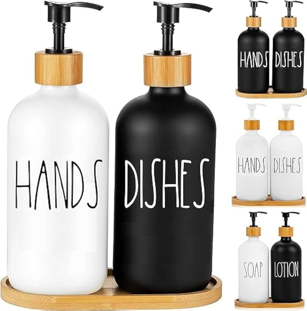 3in1 HANDS - DISHES, SOAP - LOTION branded and unbranded Refillable ceramic s bottle with bamboo base