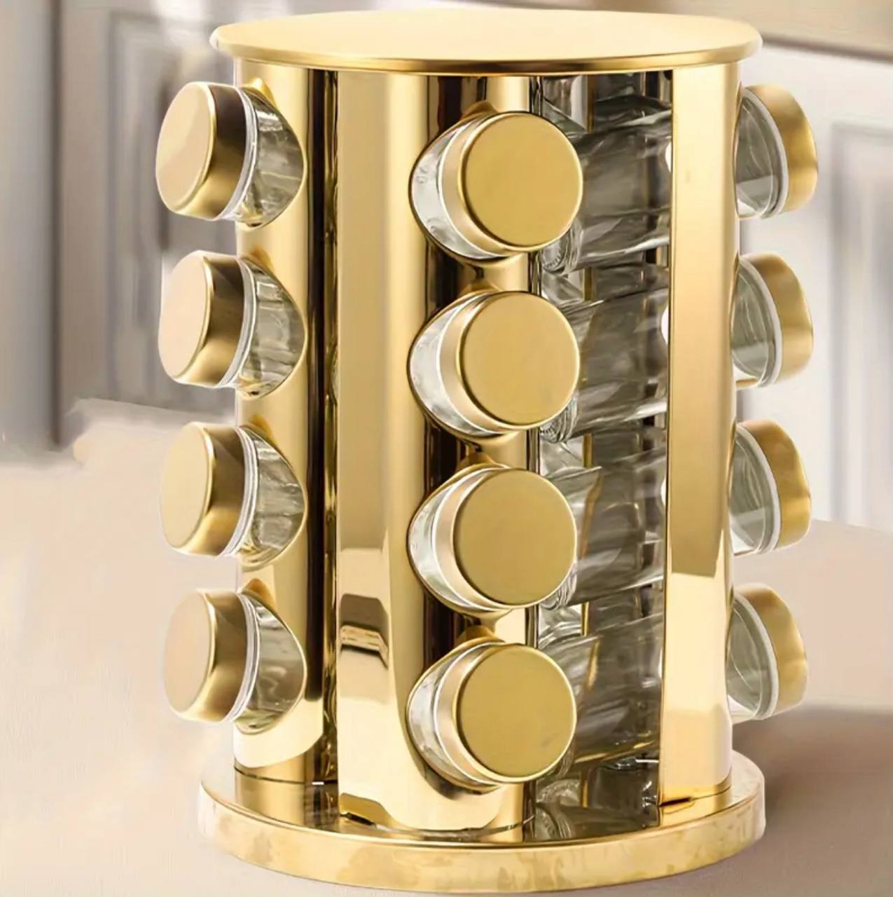 16pcs Golden spice rack with rotary base/stand