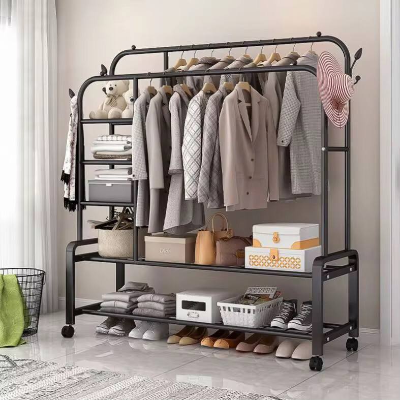Double Layer Garment Rack Floor Standing Clothes Hanger