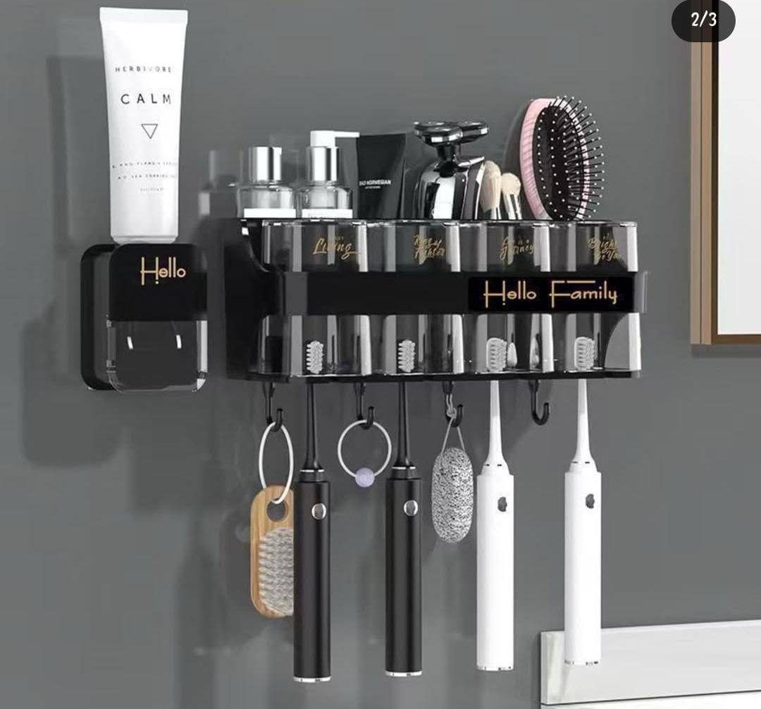 Hello family branded wall mounted toothbrush toothpaste dispenser set