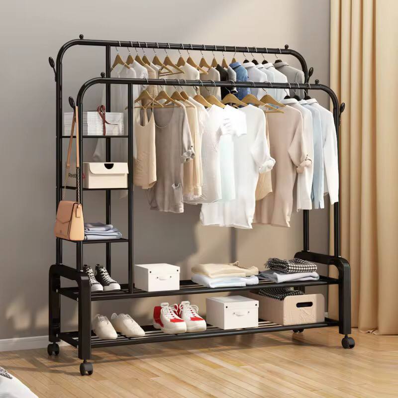 Double Layer Garment Rack Floor Standing Clothes Hanger