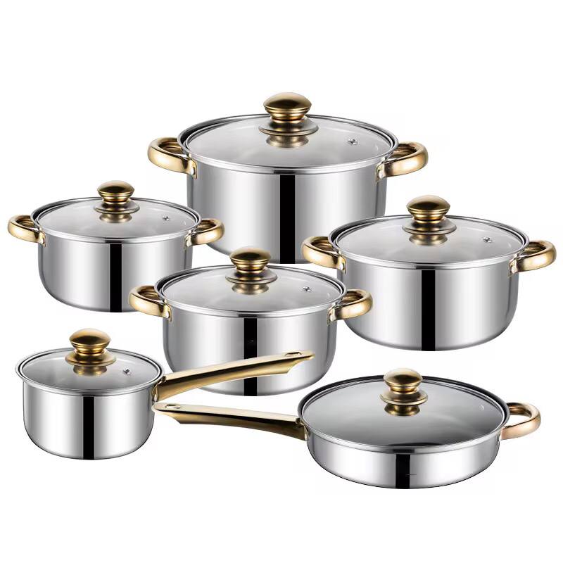12-Piece Stainless Steel Cookware Set
Golden Handle Kitchen Pots & Pans .