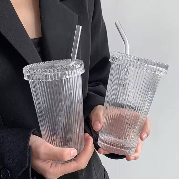 375Ml Simple Stripe Glass Cup With Lid and Straw
