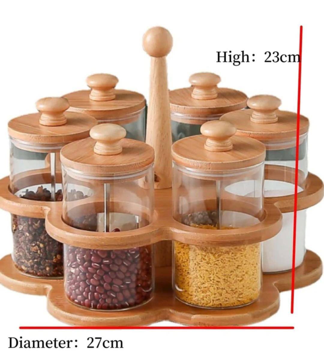 6 in 1 Rotating spice rack
With spoon /Seasoning set with Bamboo stand