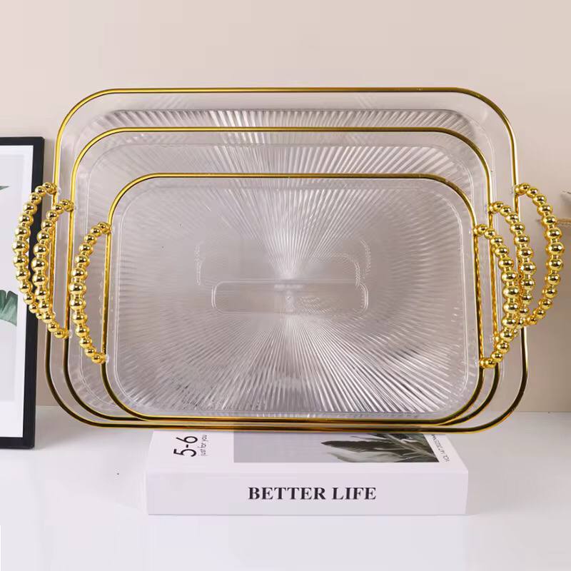 3 pcs serving trays with gold crystals handles