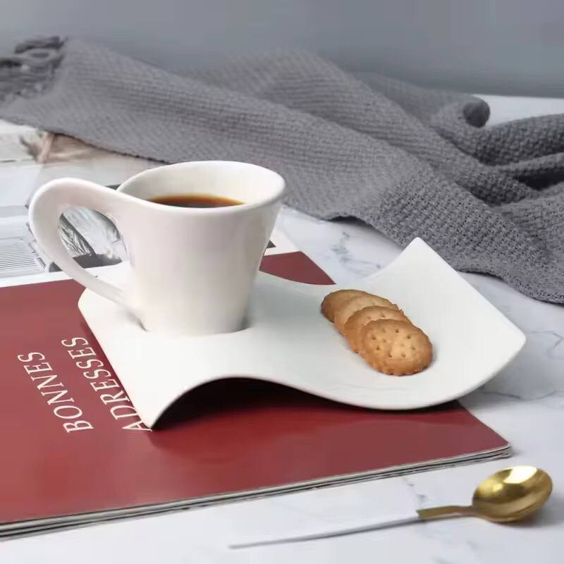 Special style ceramic white plain with wave design cup and saucer
set of six