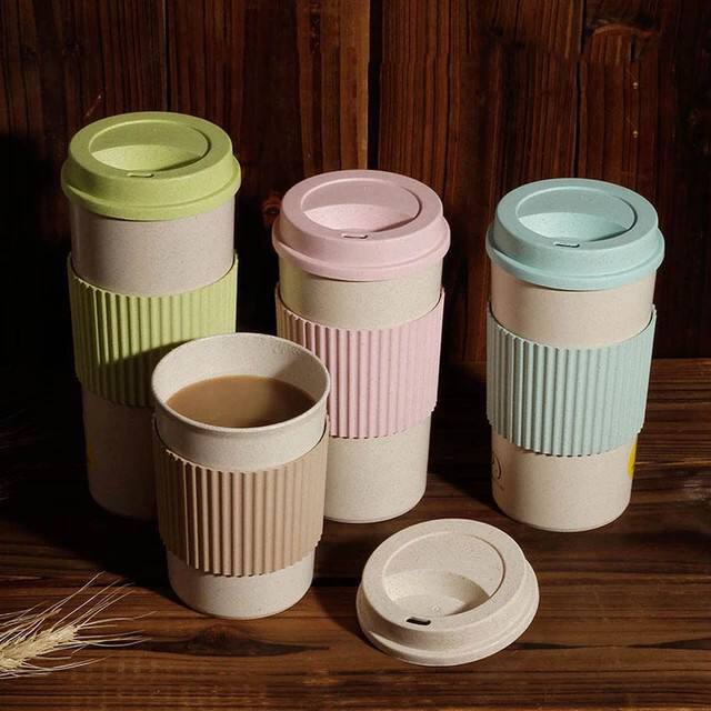 Re-usable 350ml Wheat Straw Travel Coffee Mugs Cup with Lid and Stir