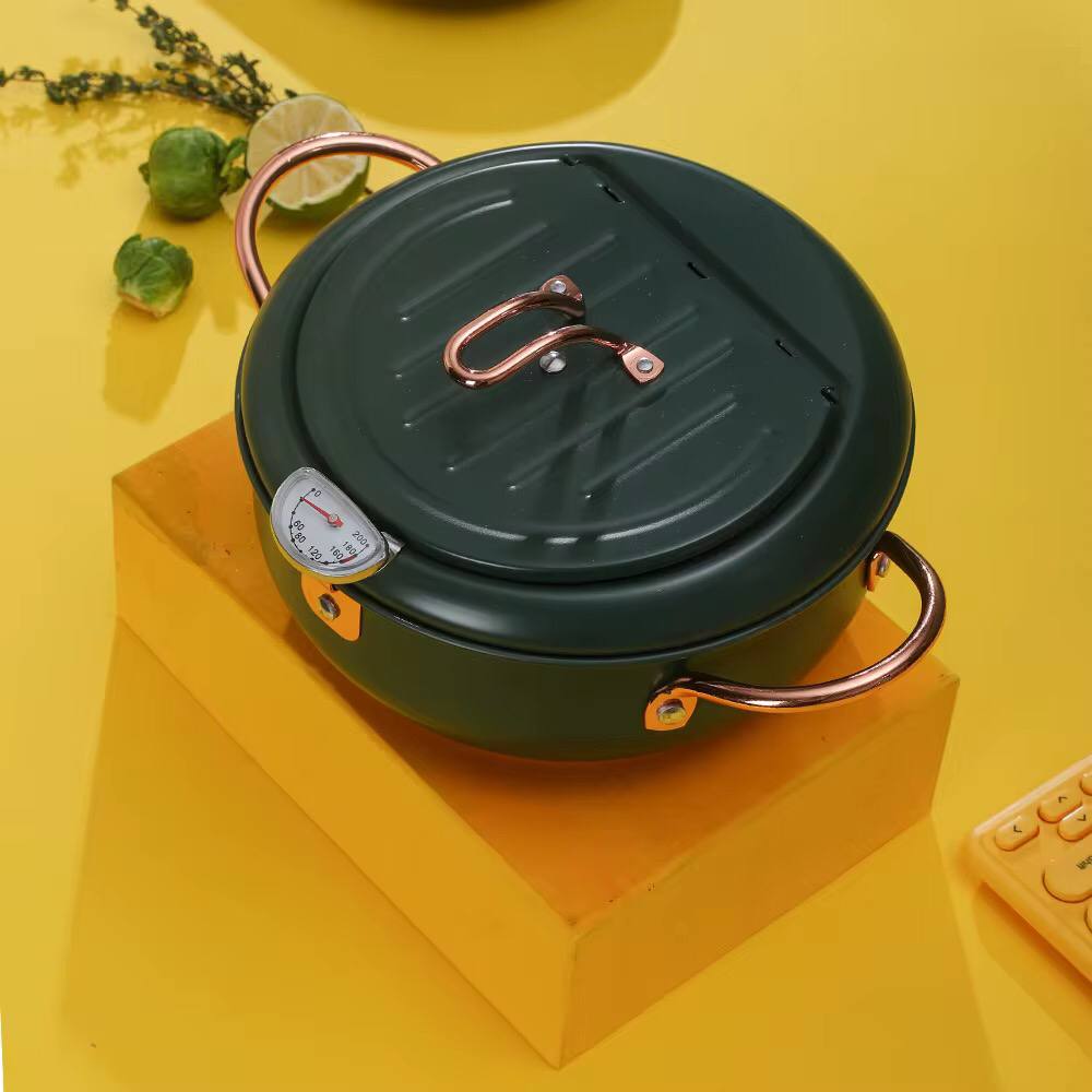 Nordic green coloured 3.4L Frying pot with thermometer and oil drain grill