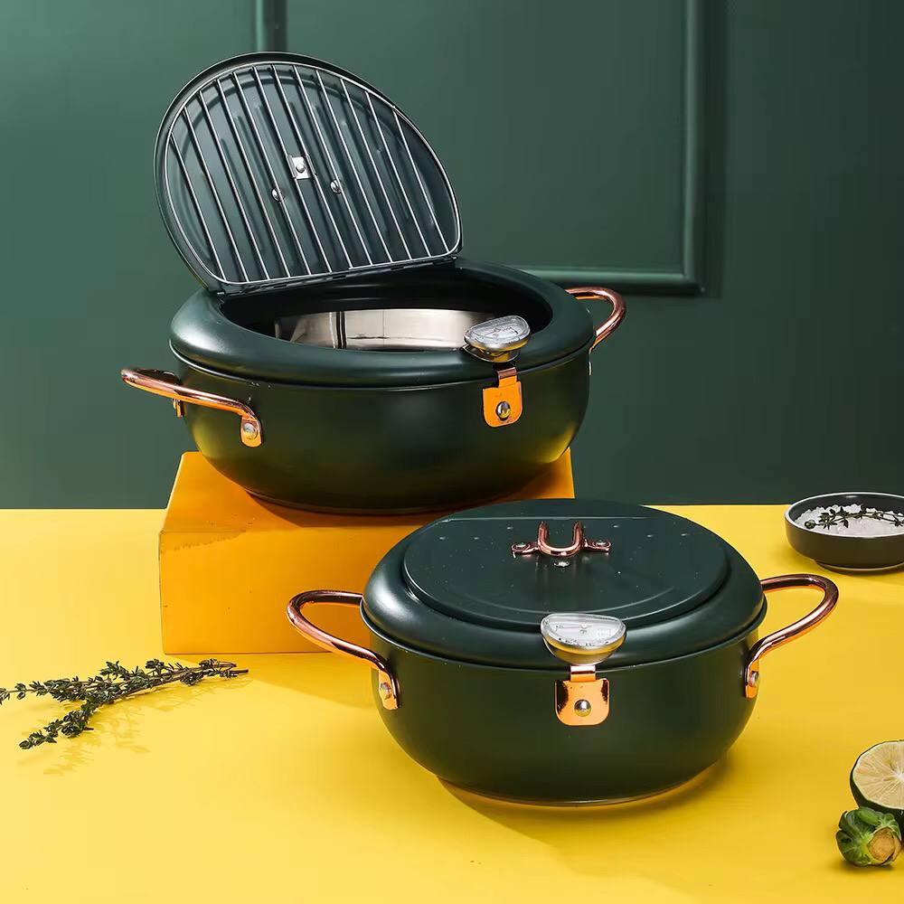 Nordic green coloured 3.4L Frying pot with thermometer and oil drain grill