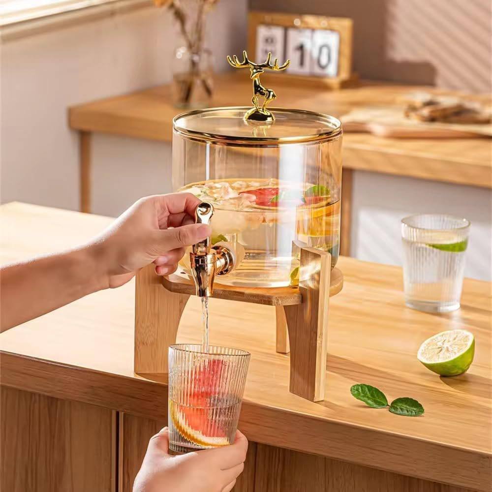 Bamboo base and glass lid 3.6L Golden borosilicate glass beverage dispenser