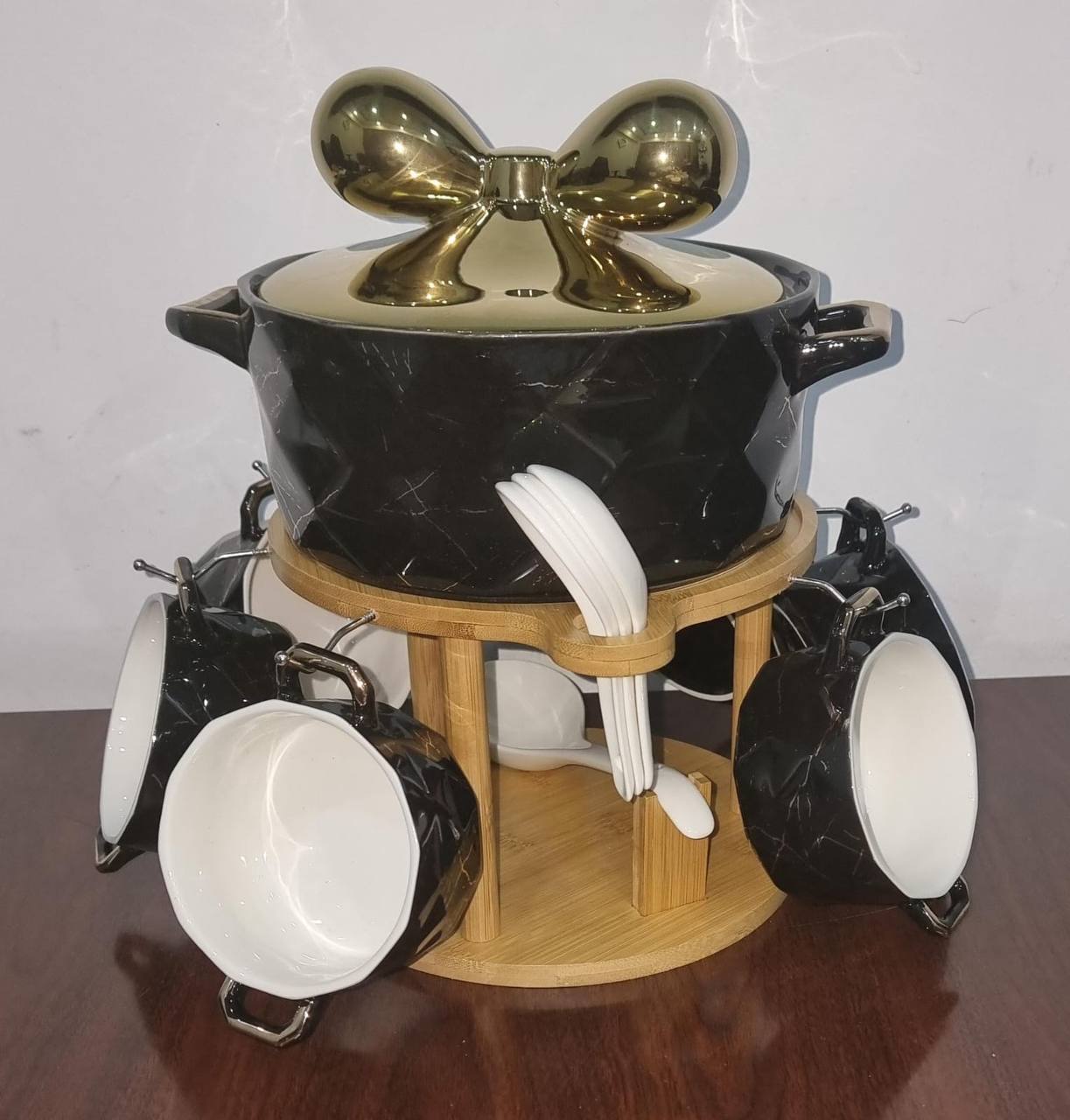 JC7572 set of 6 ceramic marble-like soup bowls 1 soup touren on bamboo base + burner