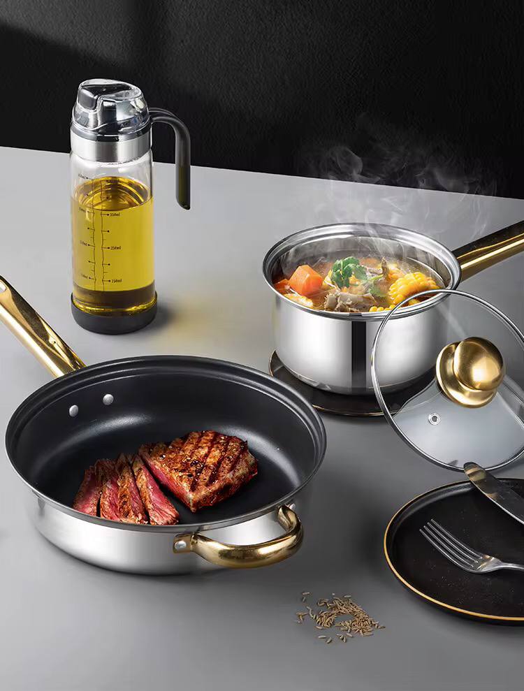 12-Piece Stainless Steel Cookware Set
Golden Handle Kitchen Pots & Pans .
