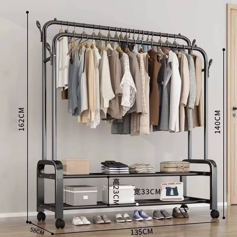 Double Layer Garment Rack Floor Standing Clothes Hanger
