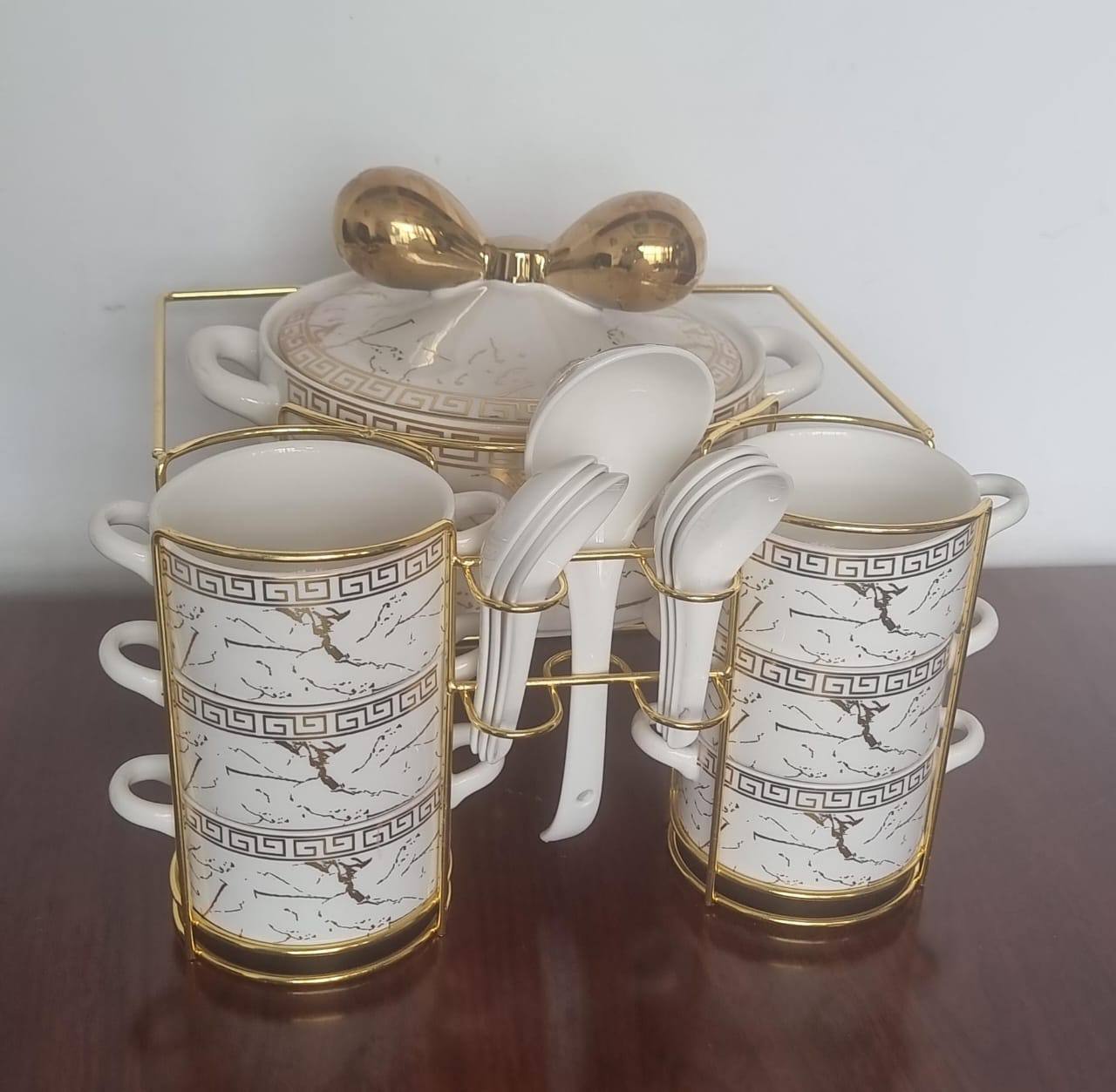 JCC8434-L1 16pc ceramic soup set on golden stand