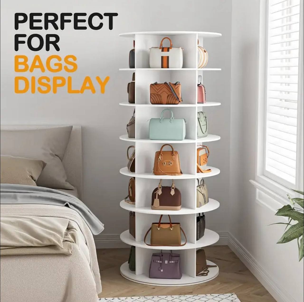 Smart Intelligent Full-Height 360 Degree 7 layer Rotating DIY Wood shoe Rack cabinet ,decor stand,hand bag rack