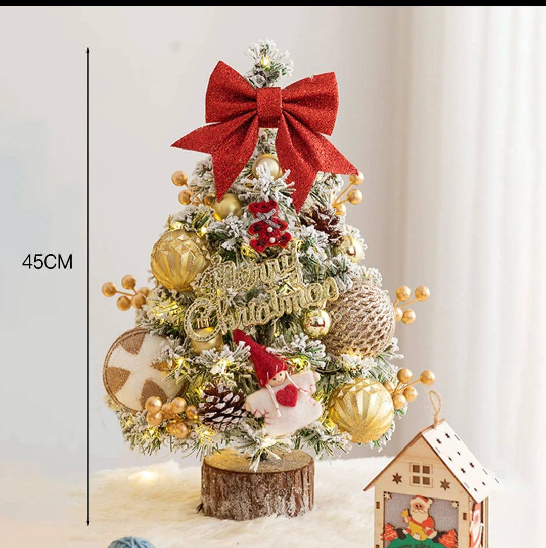 Table top Christmas tree with decor and lights