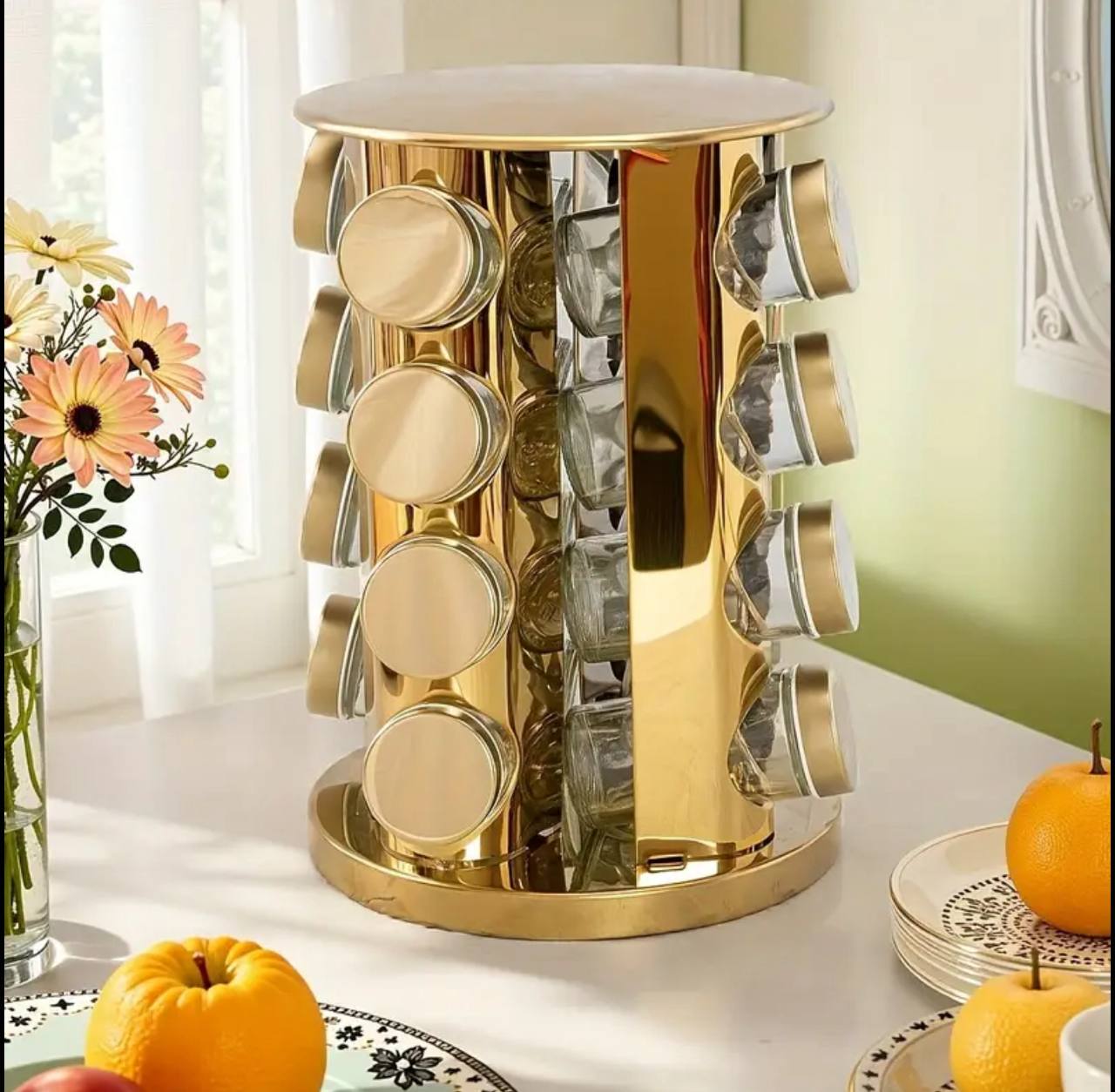 16pcs Golden spice rack with rotary base/stand