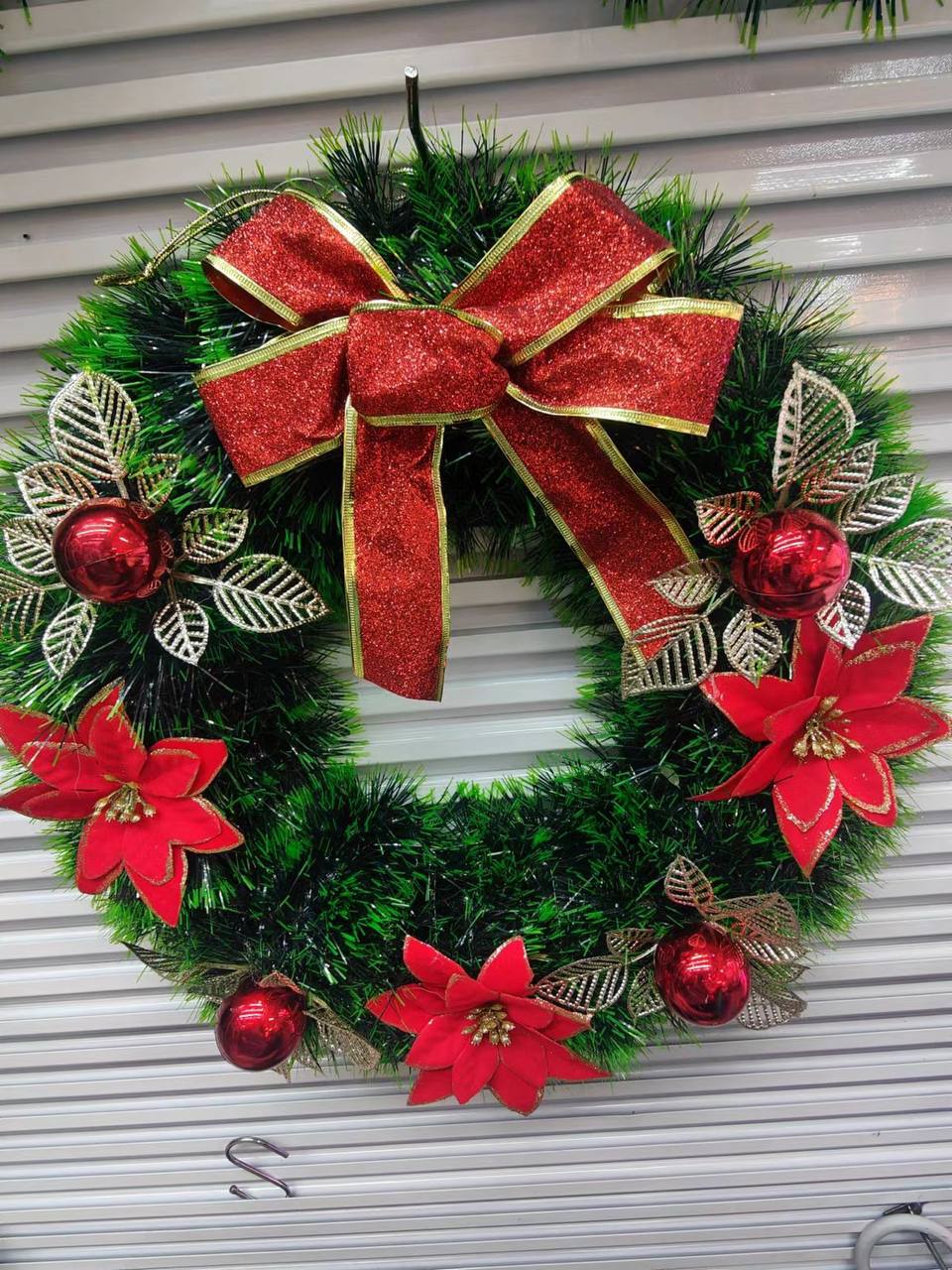 40CM Christmas Wreath for Front Door \ Window with pine artificial garland, Christmas red balls, red bow tie & flowers
