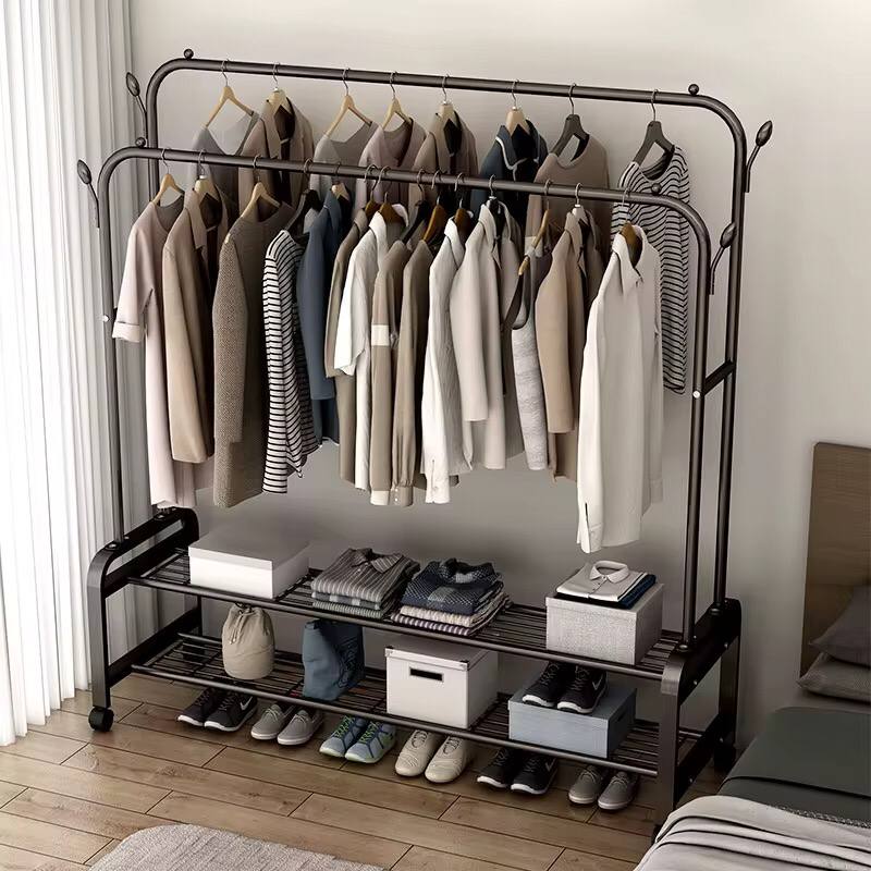Double Layer Garment Rack Floor Standing Clothes Hanger