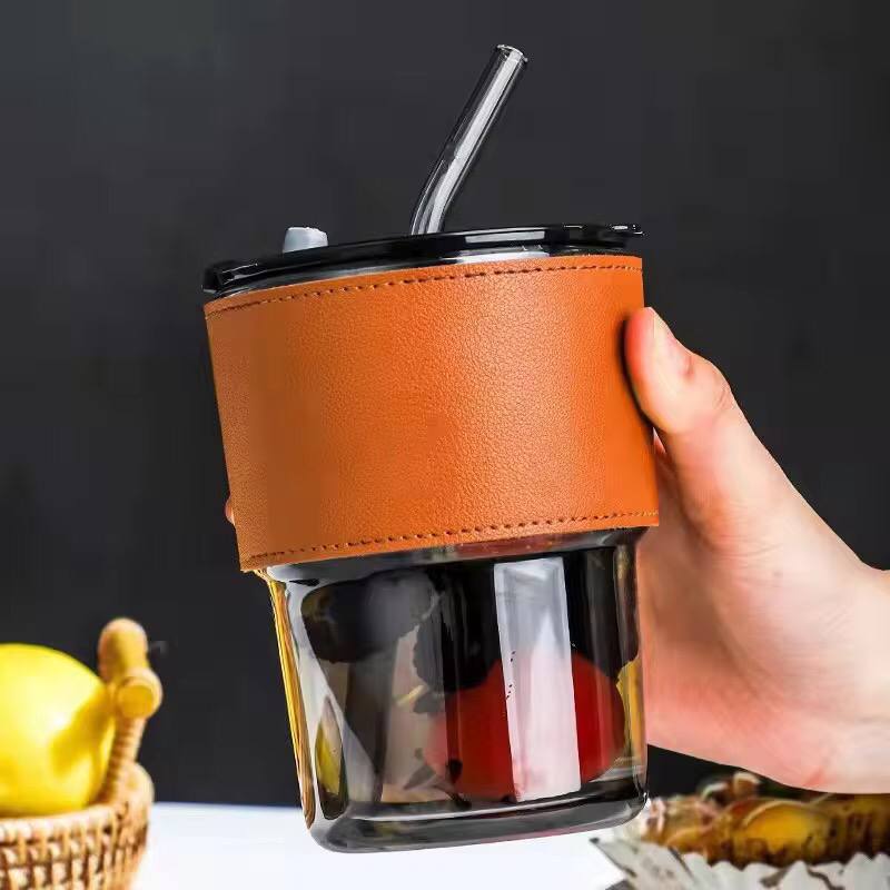 Gorgous slub glass smoothie cup with STRAW and leather cover