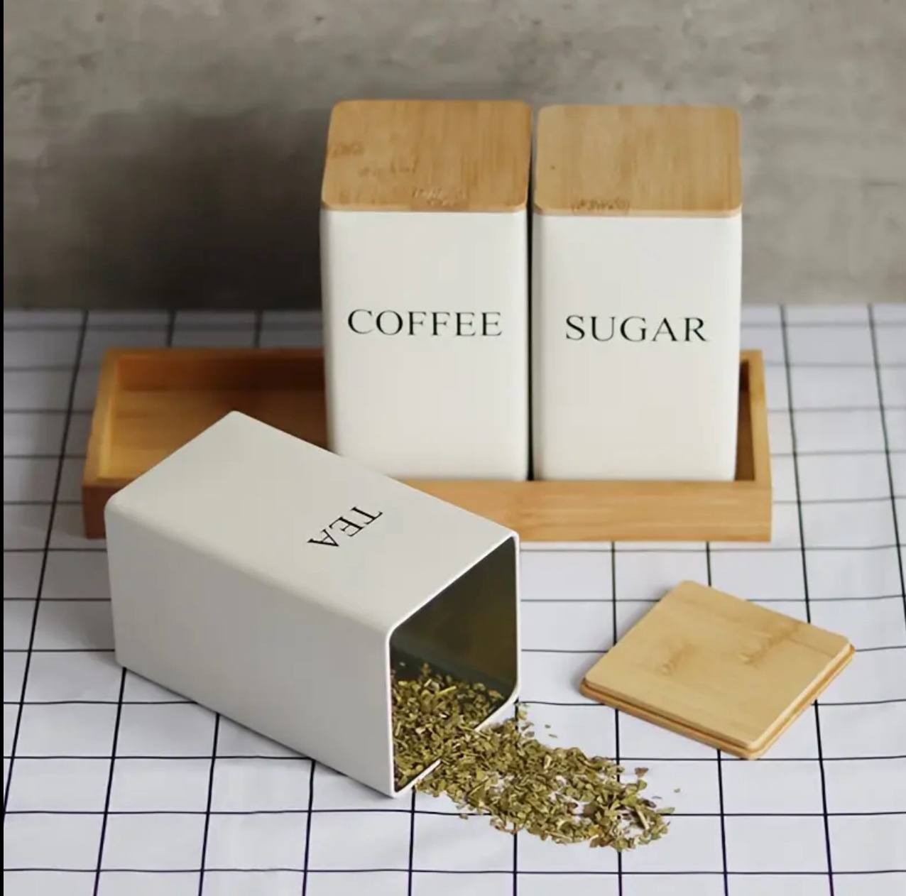 Metal Coffee Jar Set Bamboo Lid Easy To Clean Compact Structure Tea Sugar And Coffee Containers Set