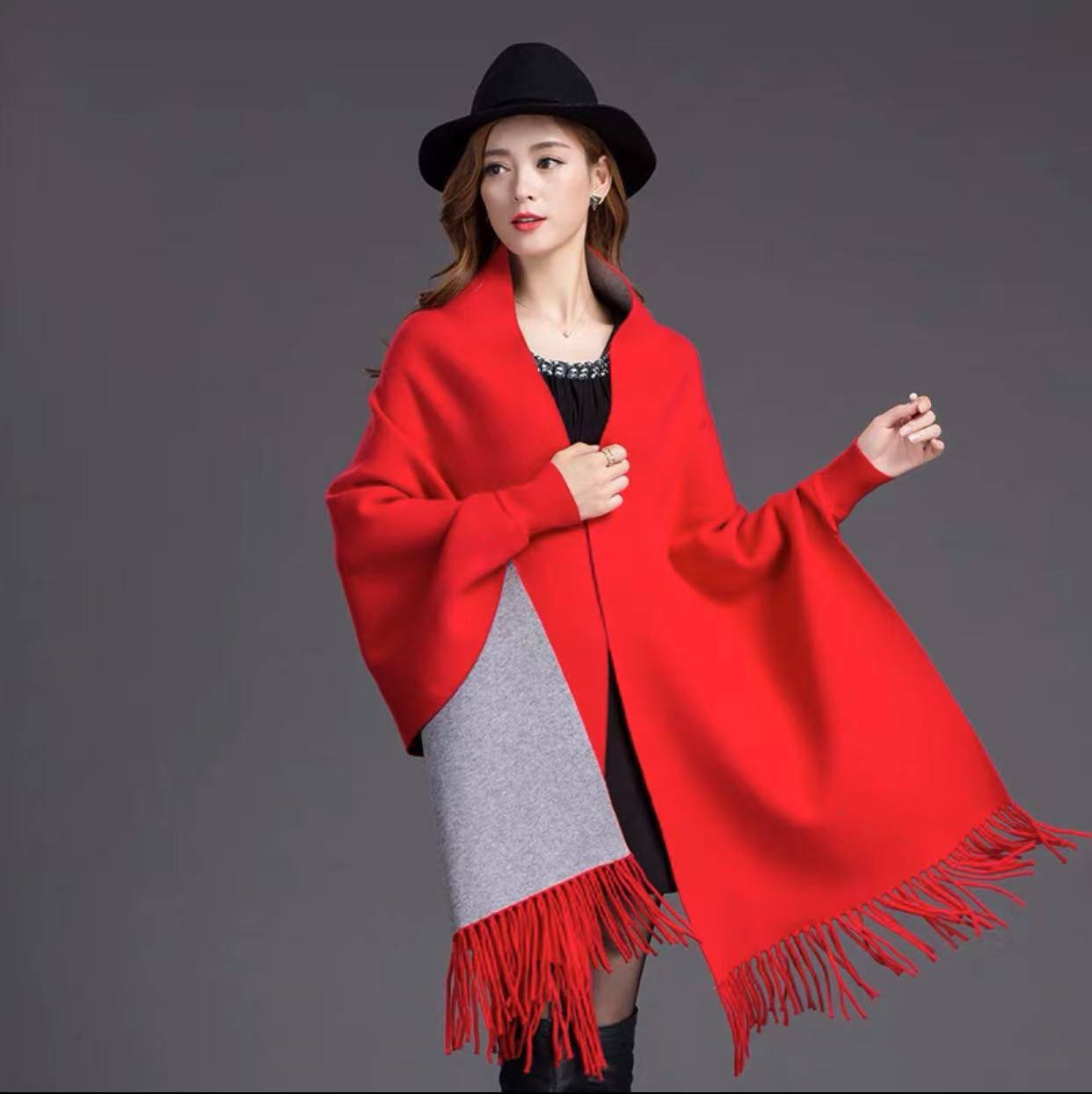 Plain double sided long sleeve ponchos shawls with tassels