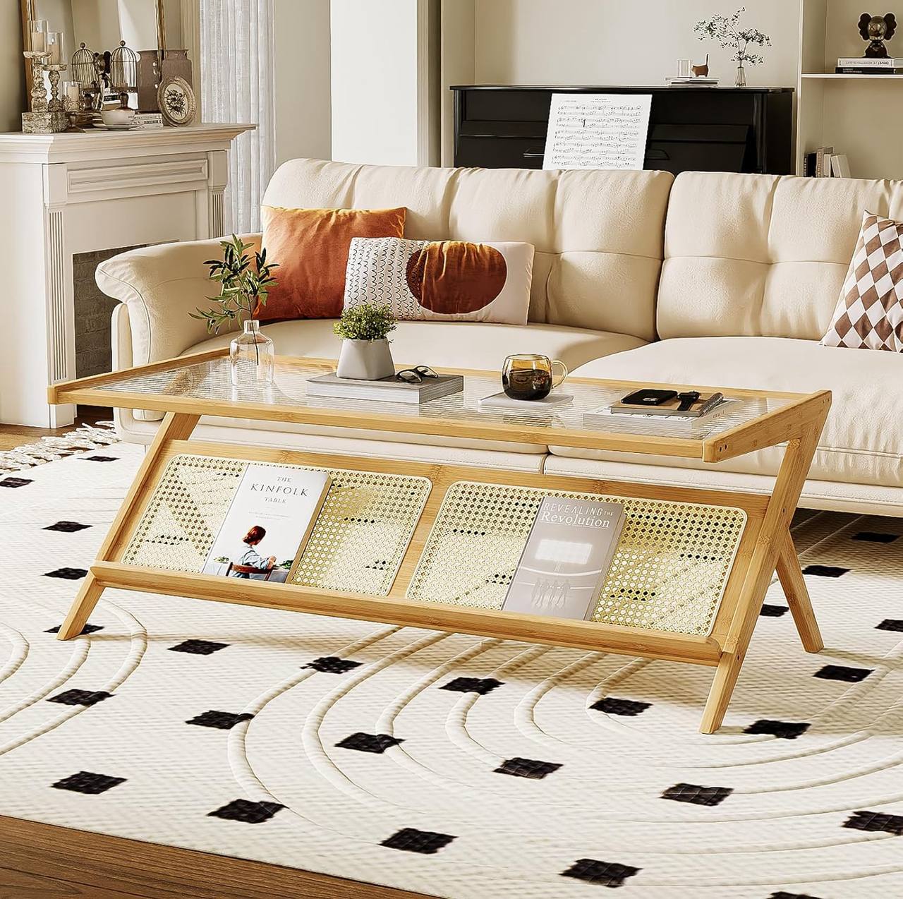 Modern Rattan Coffee Table with Storage Shelf
