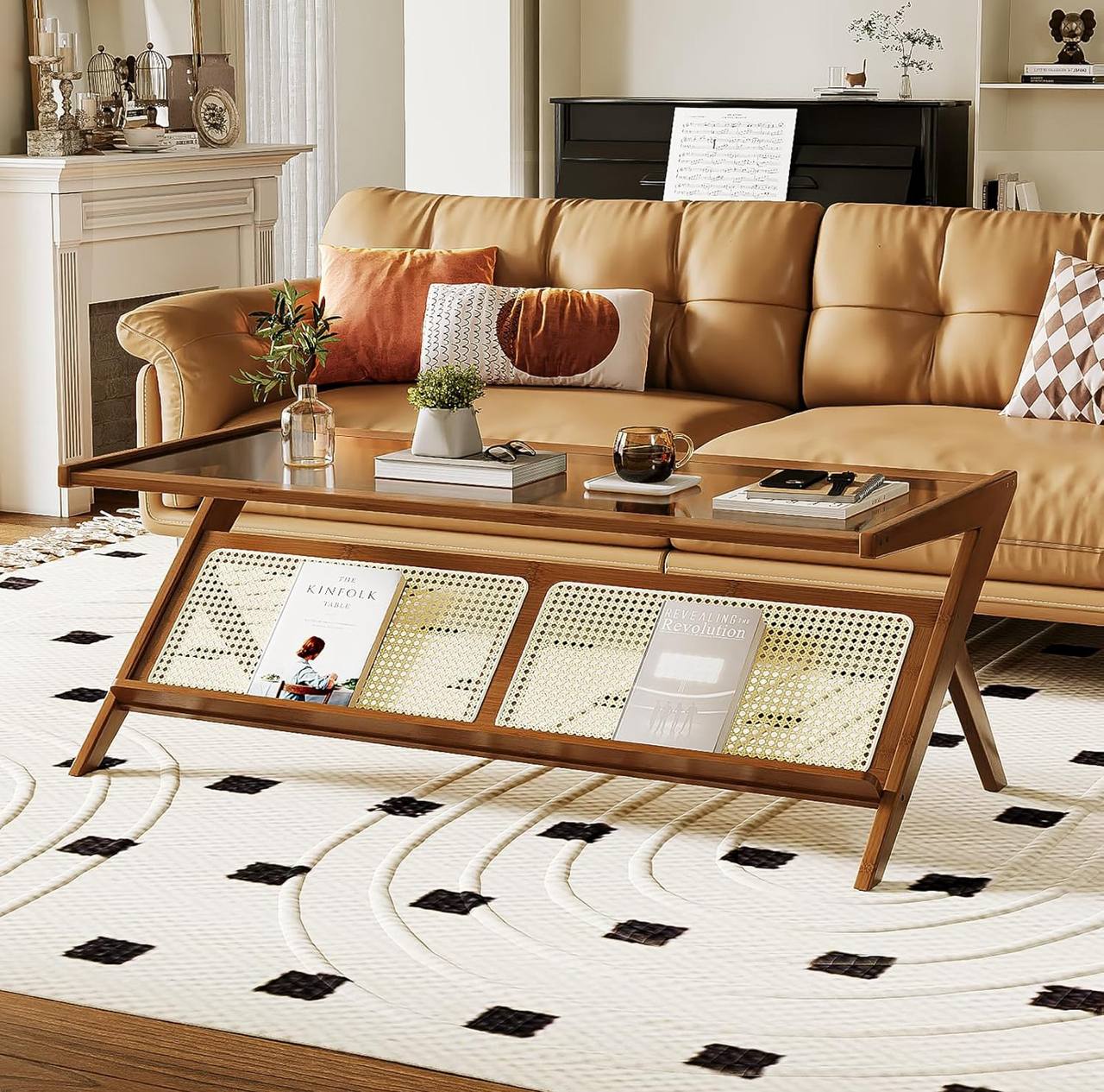 Modern Rattan Coffee Table with Storage Shelf