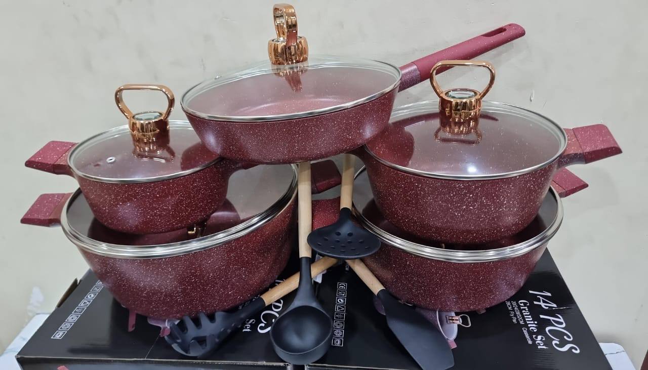 shining golden caps Uoiiy 14pc granite cookware set