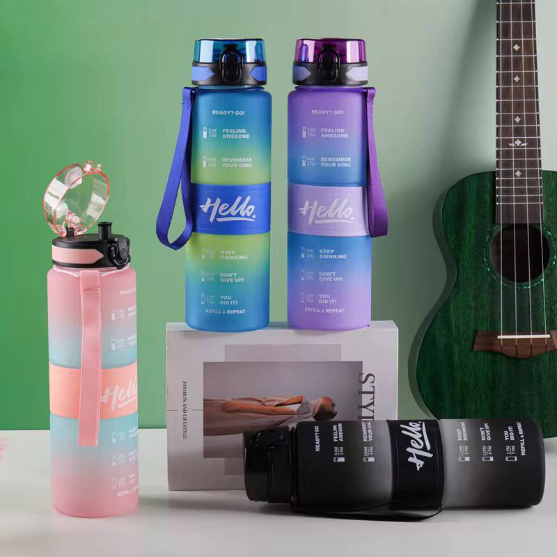 1000Ml Hello Leakproof BPA Free Drinking Water Bottle with Time Marker & Sthraw