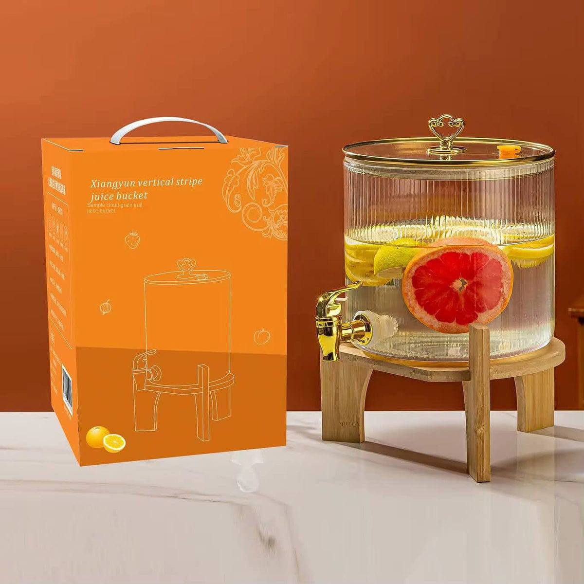 Bamboo base and glass lid 3.6L Golden borosilicate glass beverage dispenser