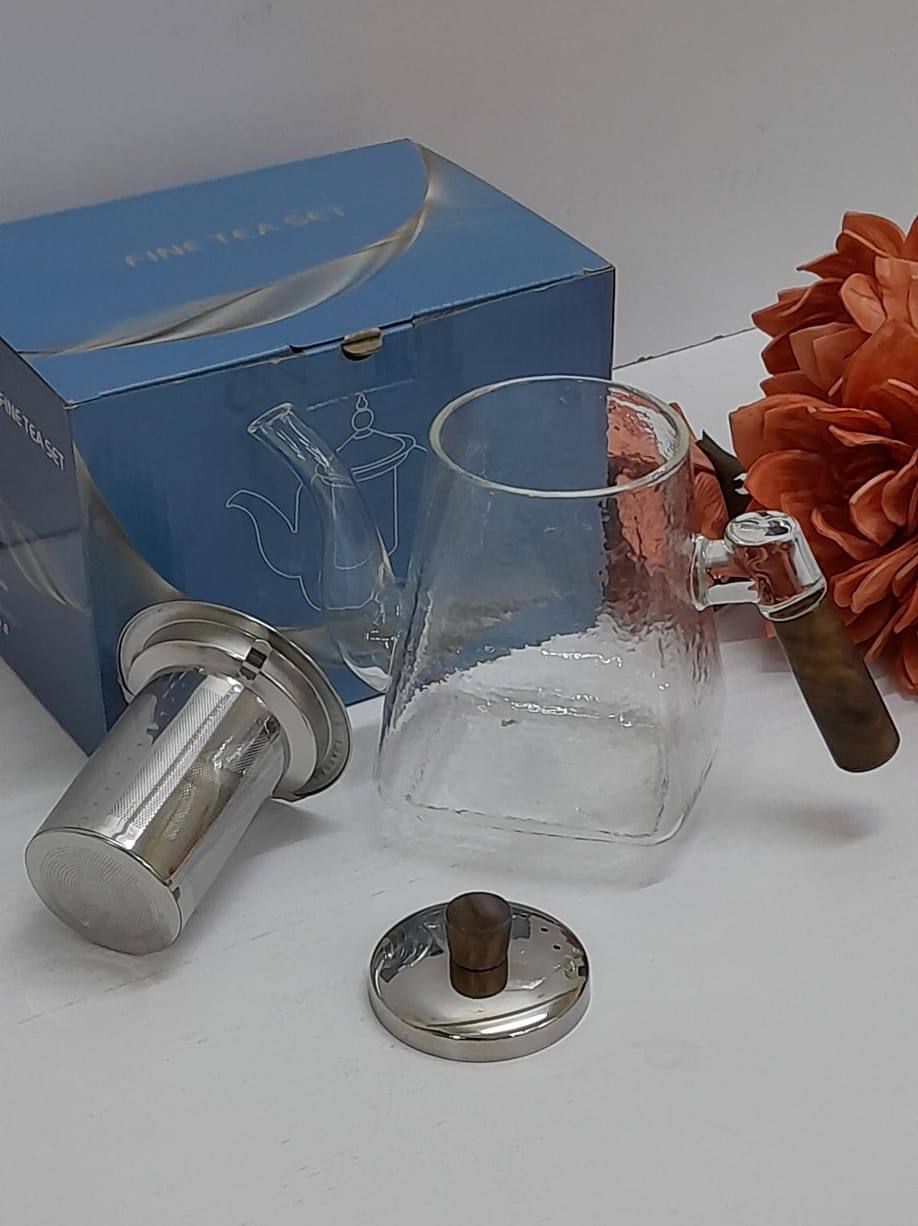 Classy frosted glass tea /beverage pot with bamboo handle