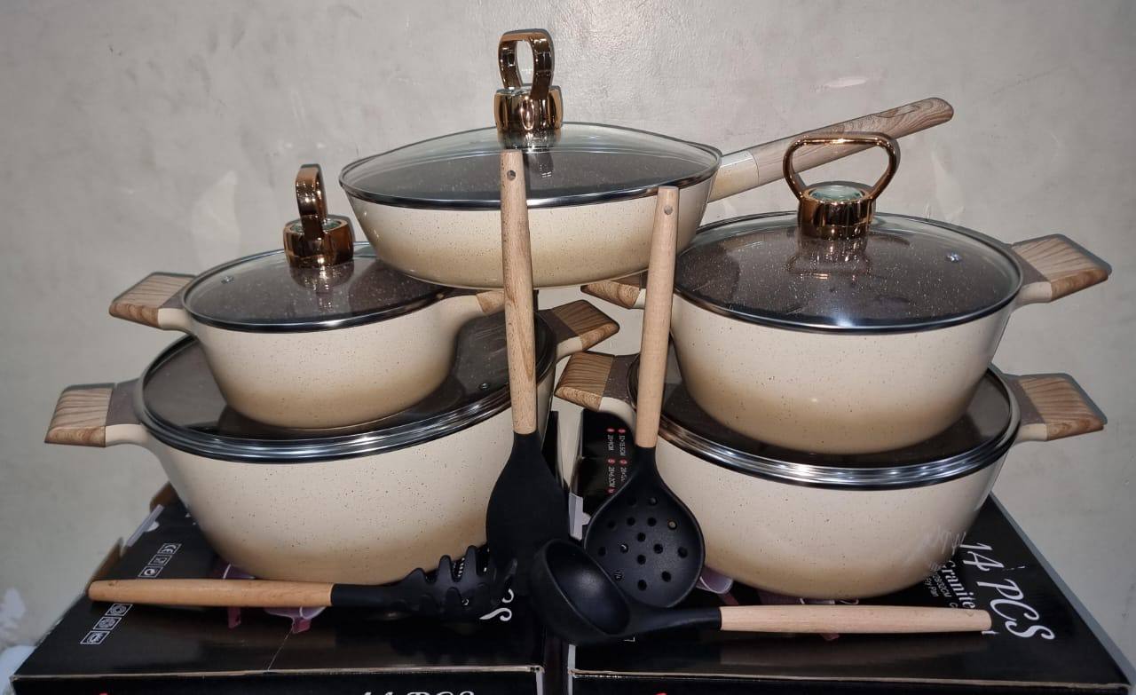 shining golden caps Uoiiy 14pc granite cookware set