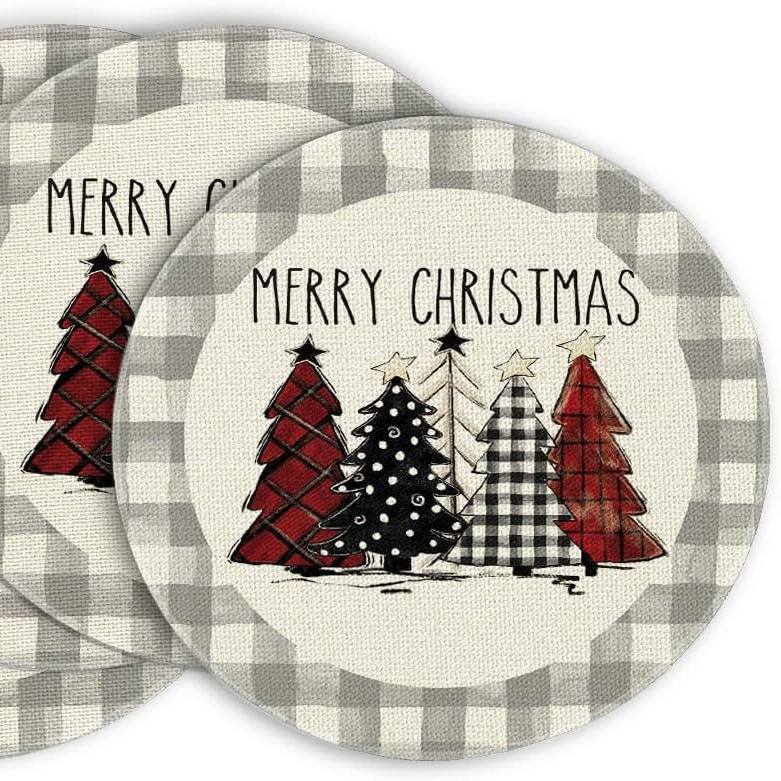 Plaid Christmas Round Placemats Set of 2pcs