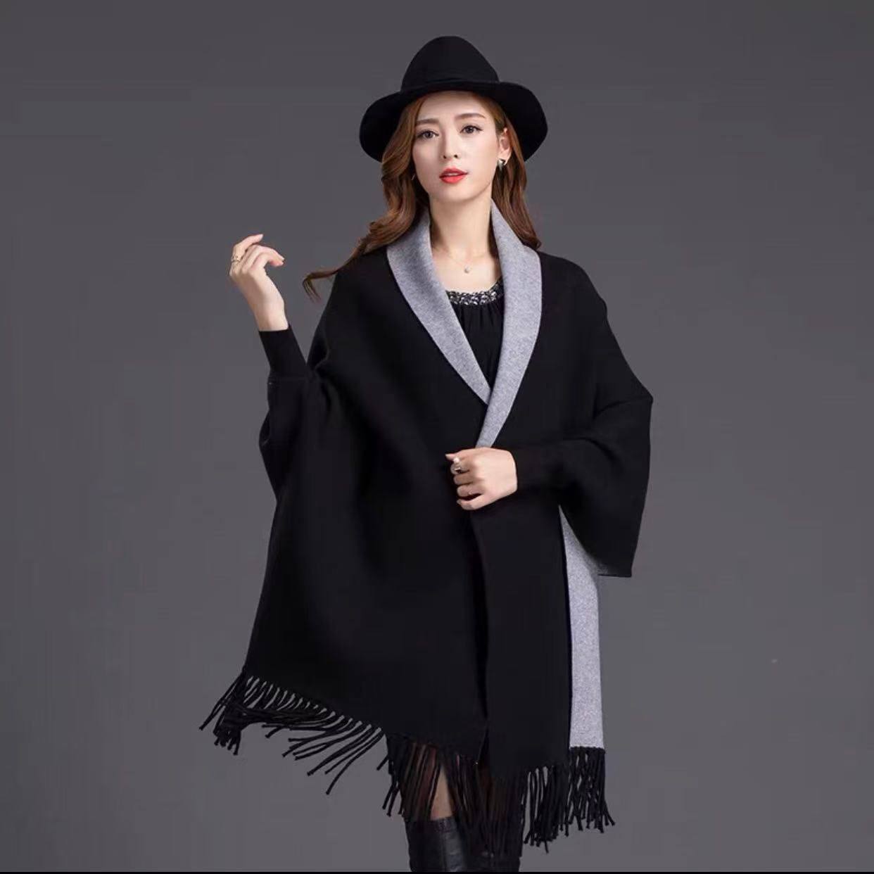 Plain double sided long sleeve ponchos shawls with tassels